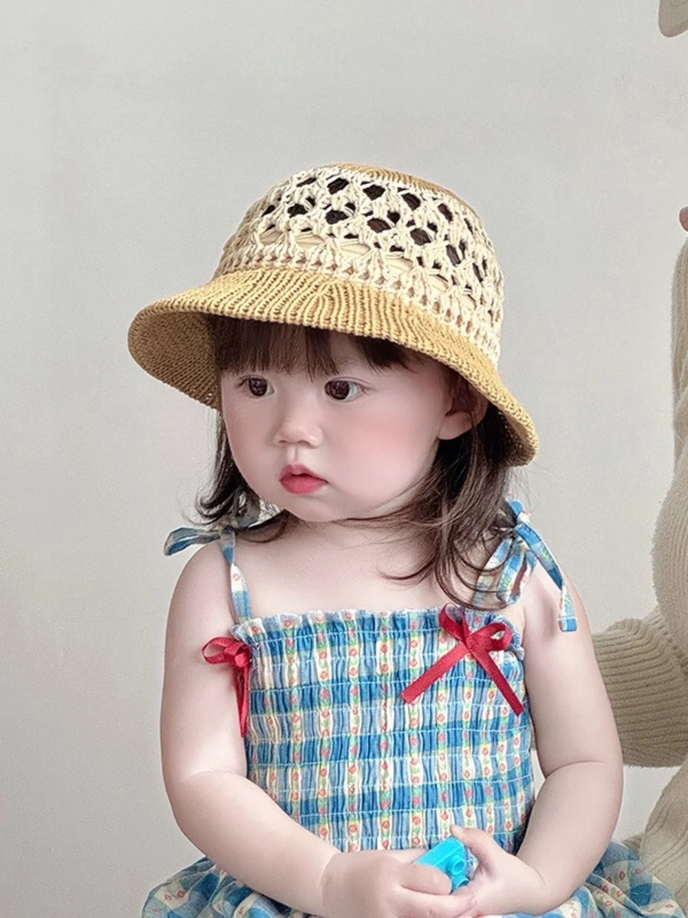 Girls Beige Crochet Straw Sun Hat